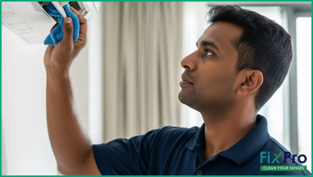 Technician cleaning AC vent in Abu Dhabi home