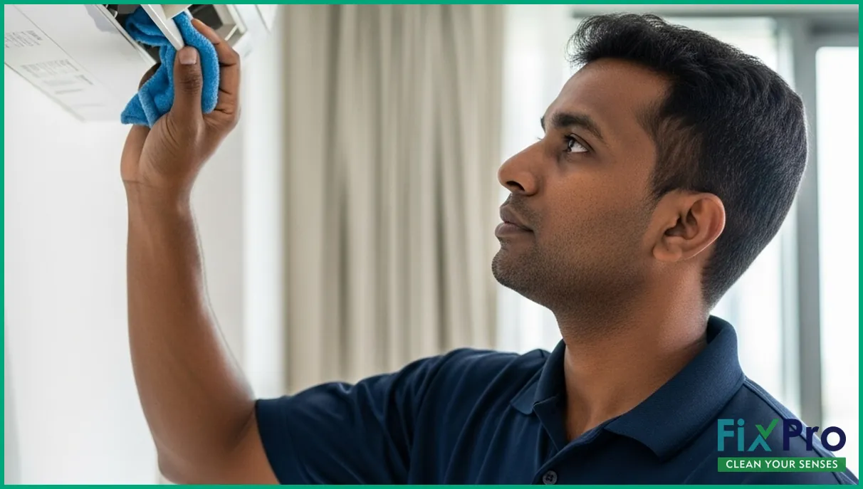 Technician cleaning AC vent in Abu Dhabi home