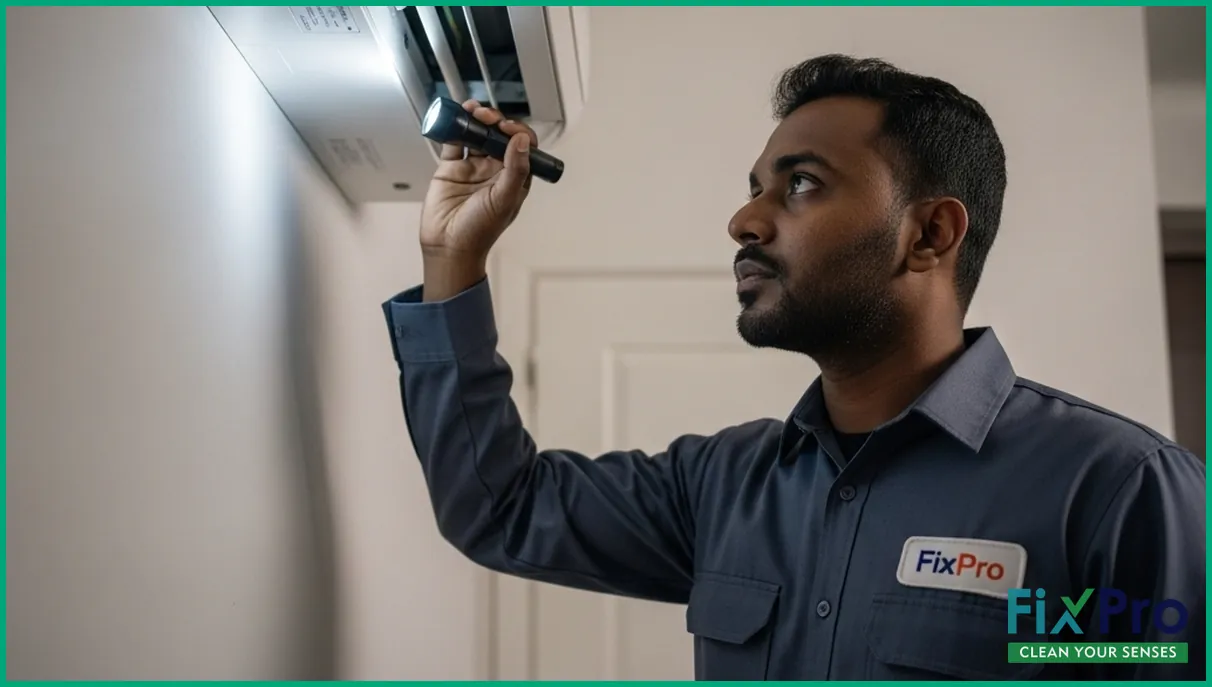 Technician inspecting AC duct before cleaning