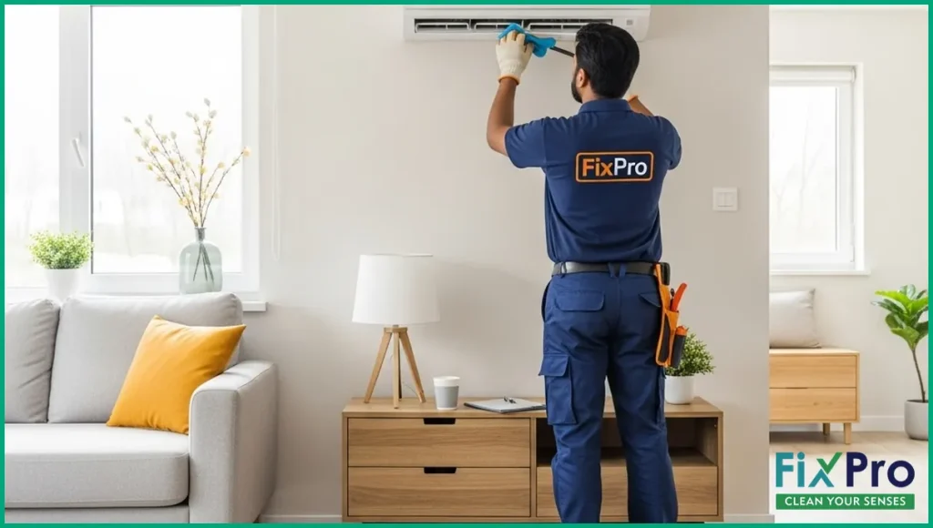 Technician cleaning a wall-mounted AC indoor unit