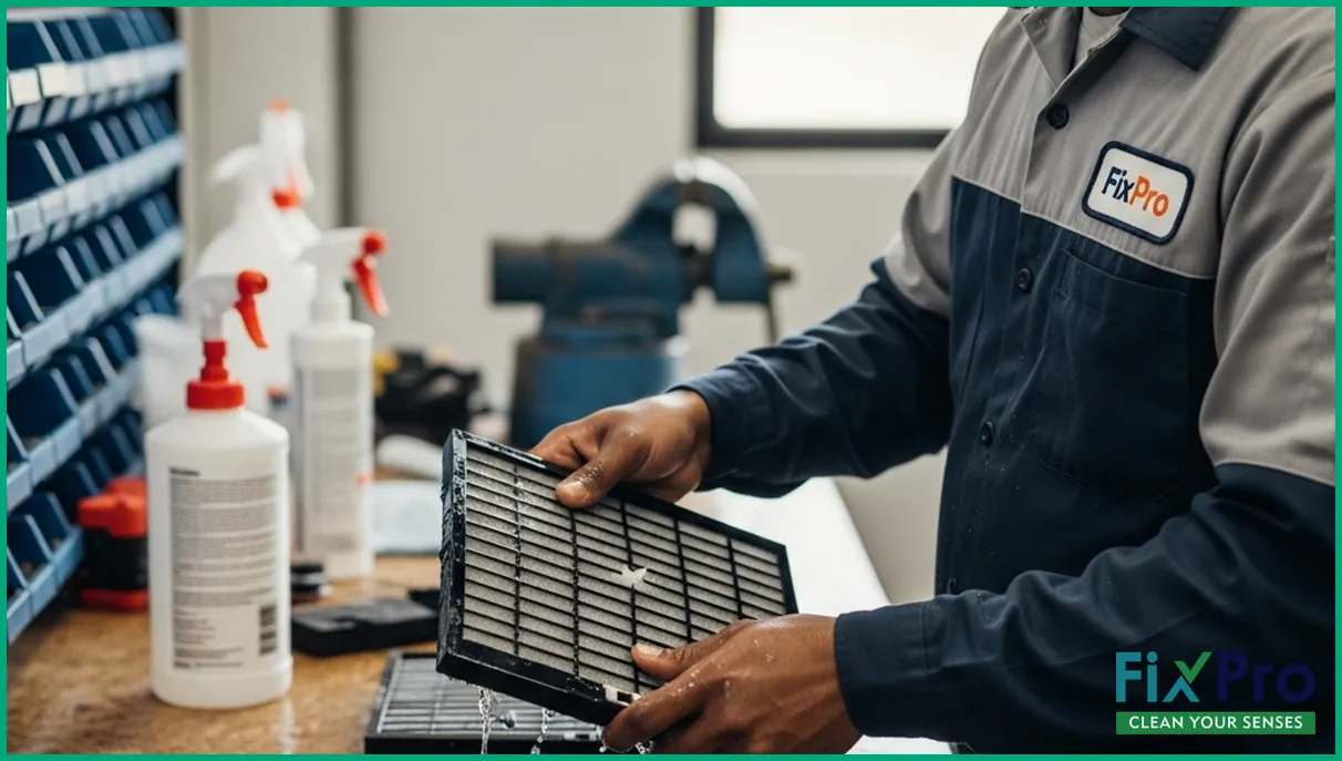 Technician cleaning AC filters at a workshop
