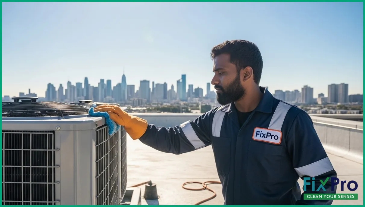 Outdoor AC condenser on a rooftop with technician