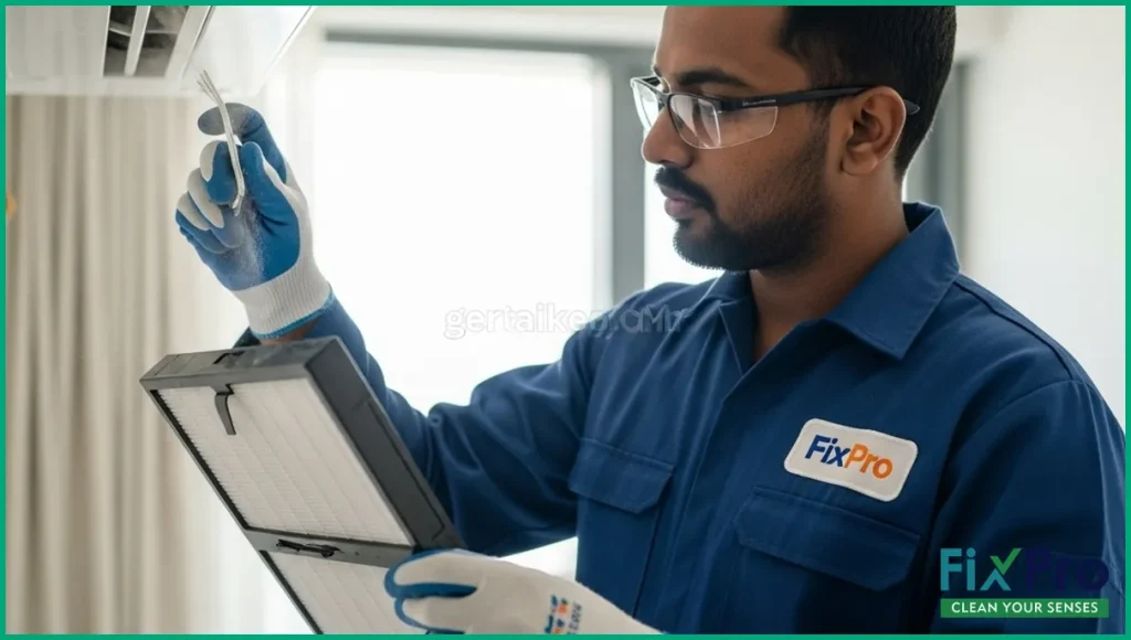 Technician examining dusty AC filter in Abu Dhabi home