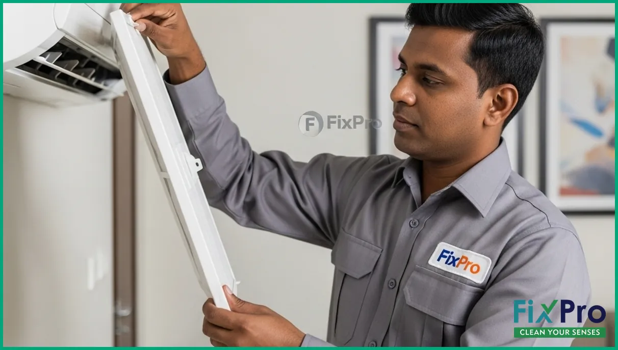 Homeowner replacing AC filter in modern apartment