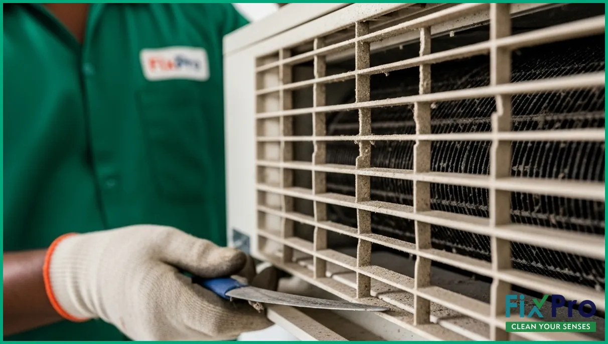 Close-up of dusty AC vent grille