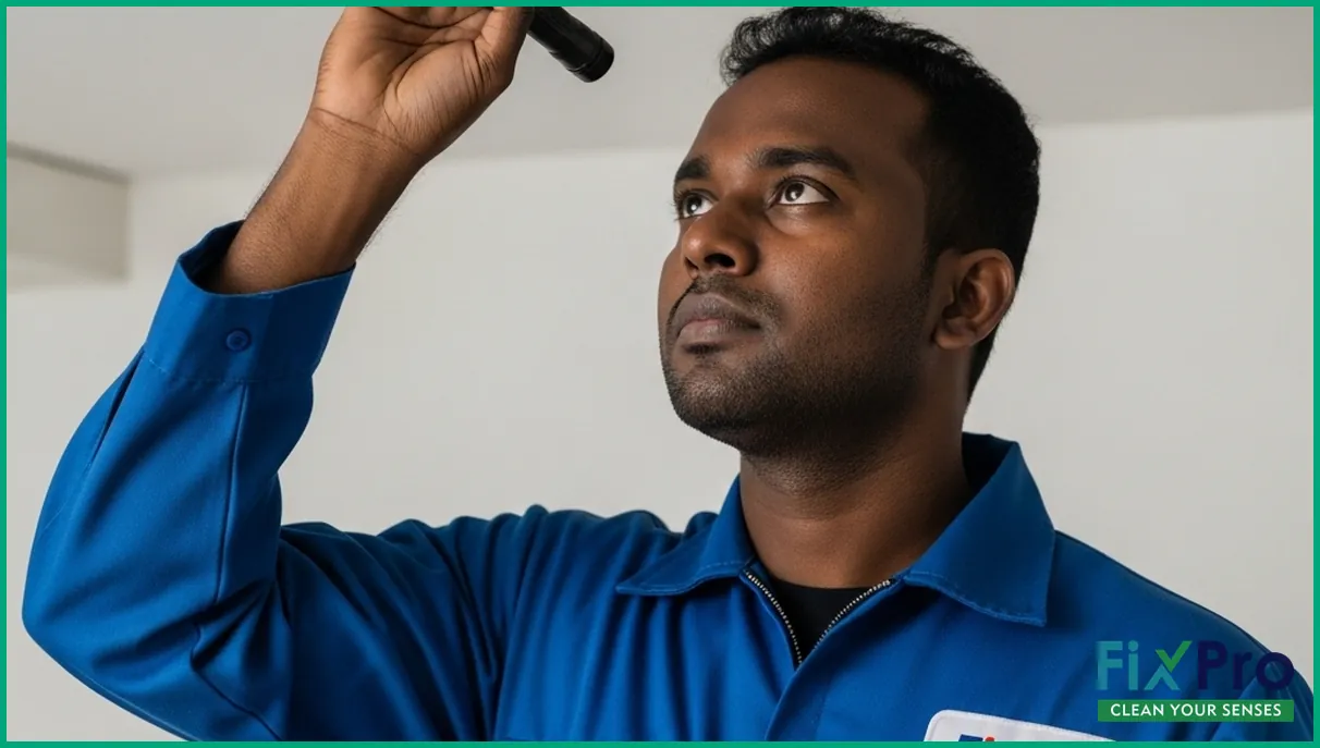 Technician inspecting AC duct with flashlight