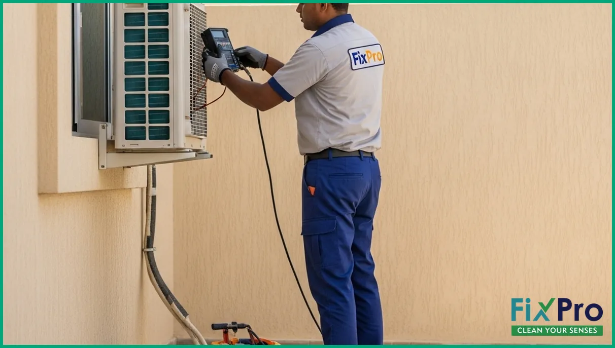 Professional technician servicing AC unit outdoors