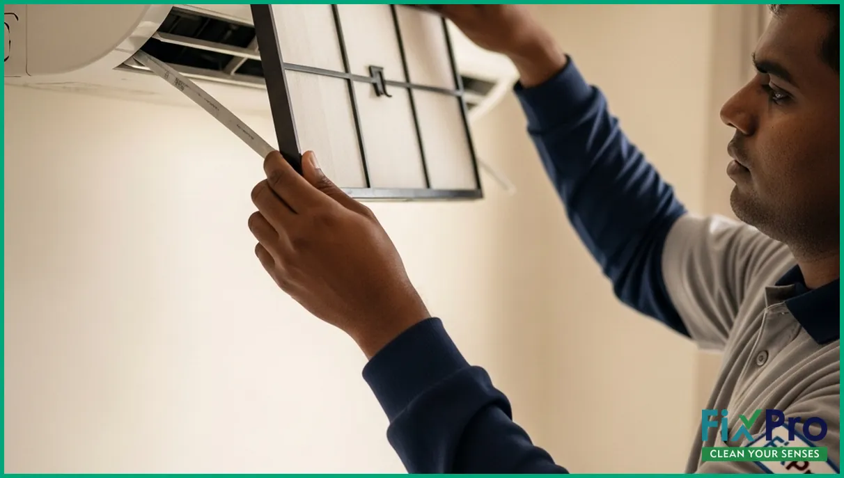 Homeowner changing AC filter in Abu Dhabi apartment