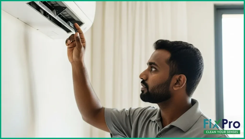 Technician checking air conditioning unit in Abu Dhabi apartment