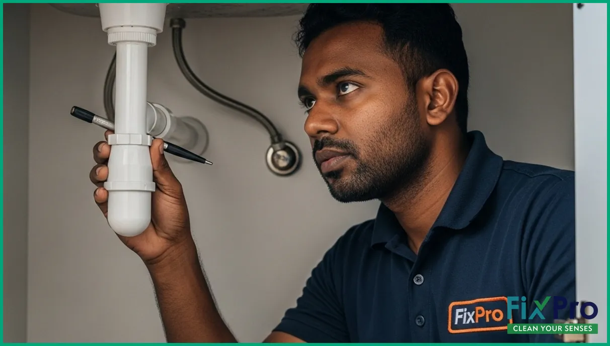 Plumber inspecting under-sink pipes in Abu Dhabi villa