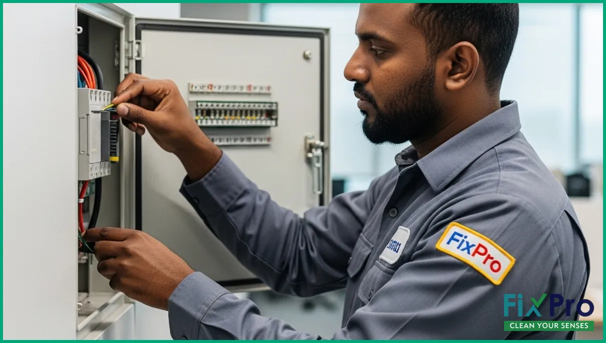 Technician repairing electrical panel in Abu Dhabi office
