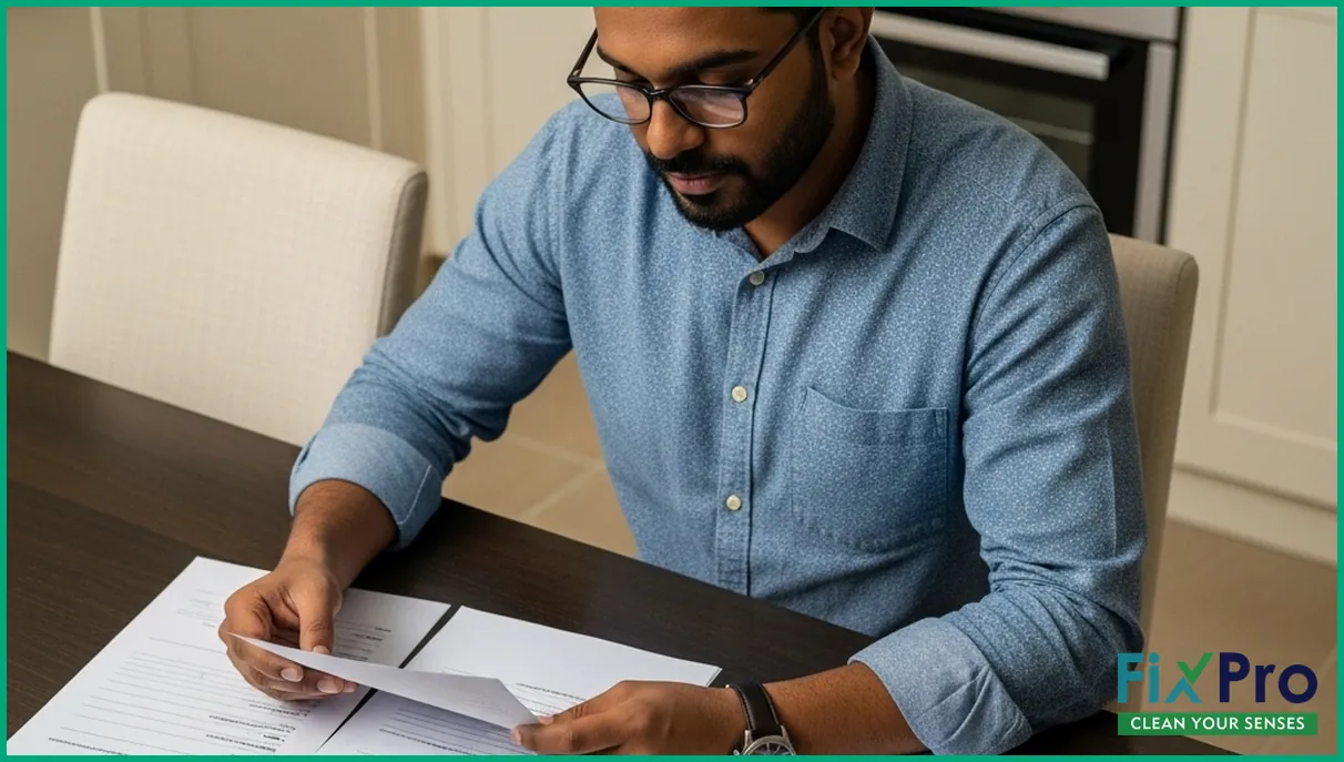 Homeowner reviewing AMC paperwork at kitchen table