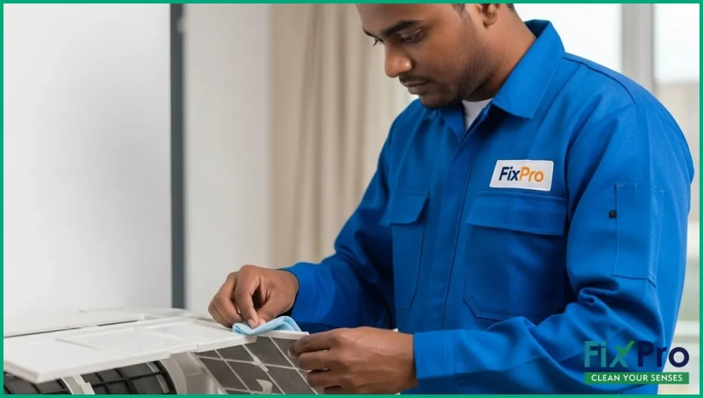 Technician in FixPro uniform cleaning AC filter indoors