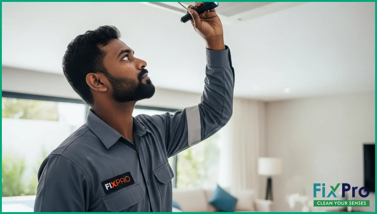 FixPro technician inspecting AC ducts with flashlight