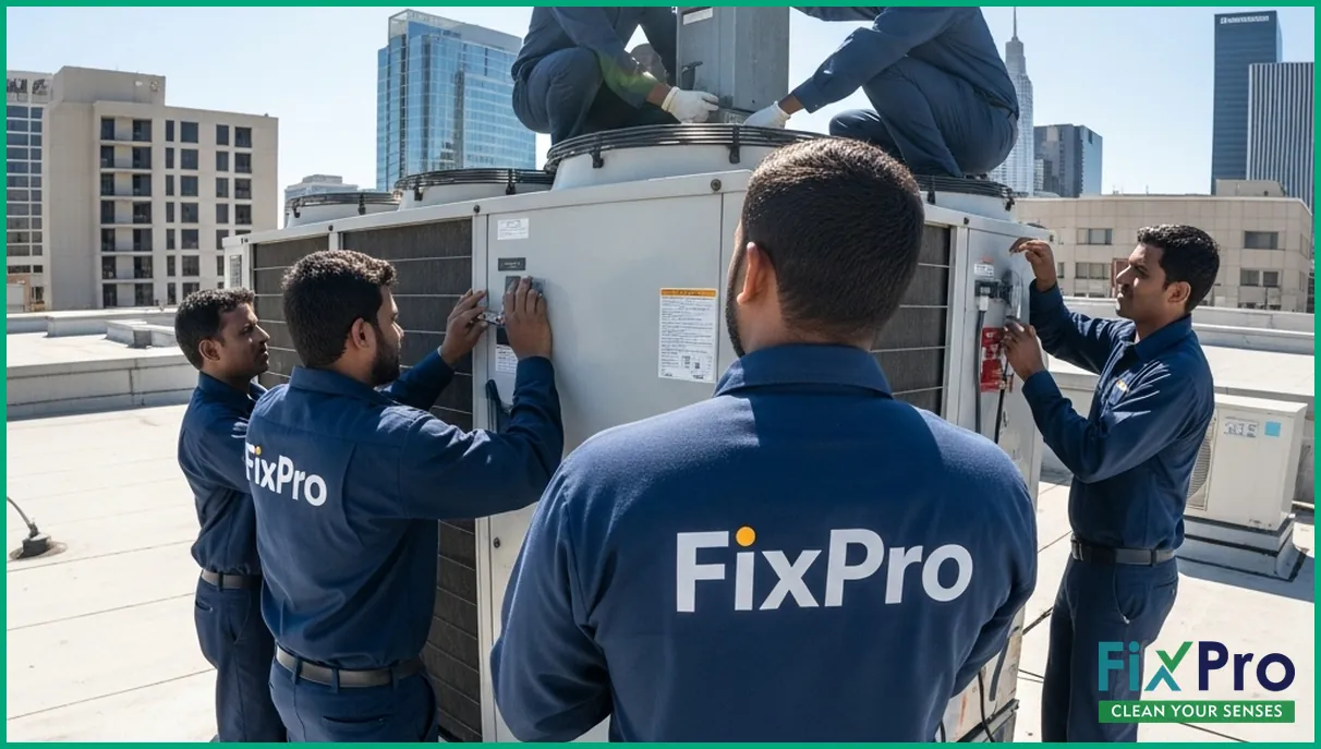 FixPro team servicing rooftop commercial HVAC unit