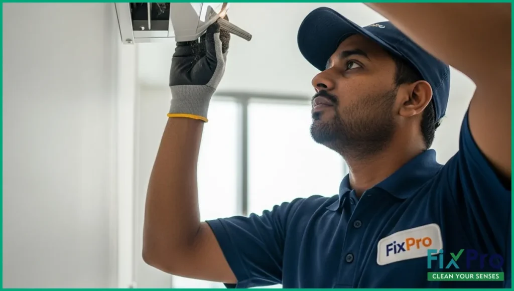 Technician inspecting dusty AC duct