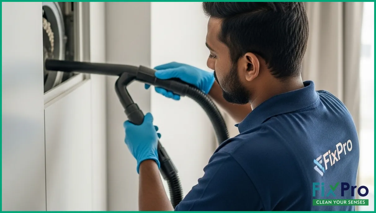 Technician using vacuum to clean air duct