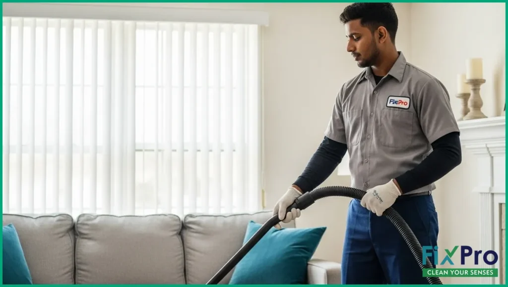 Technician cleaning residential air duct with vacuum hose