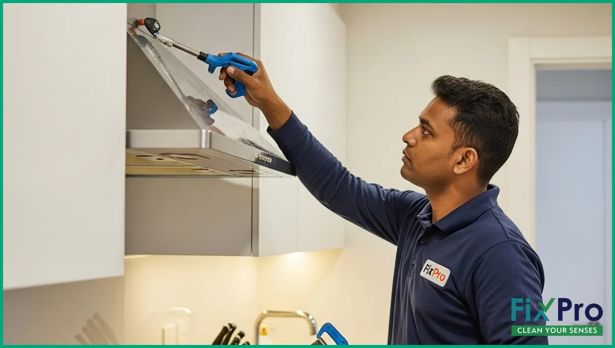 Technician cleaning kitchen exhaust vent in modern kitchen