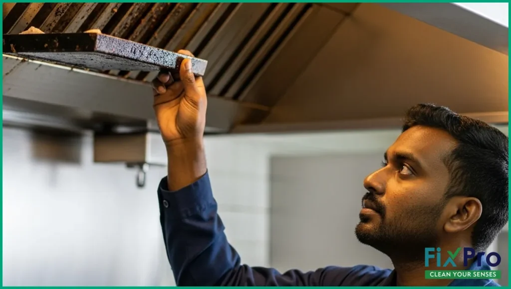 Technician inspecting greasy kitchen exhaust hood