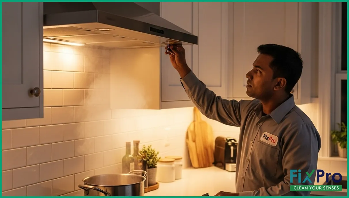 Steam lingering in a modern kitchen with a blocked exhaust