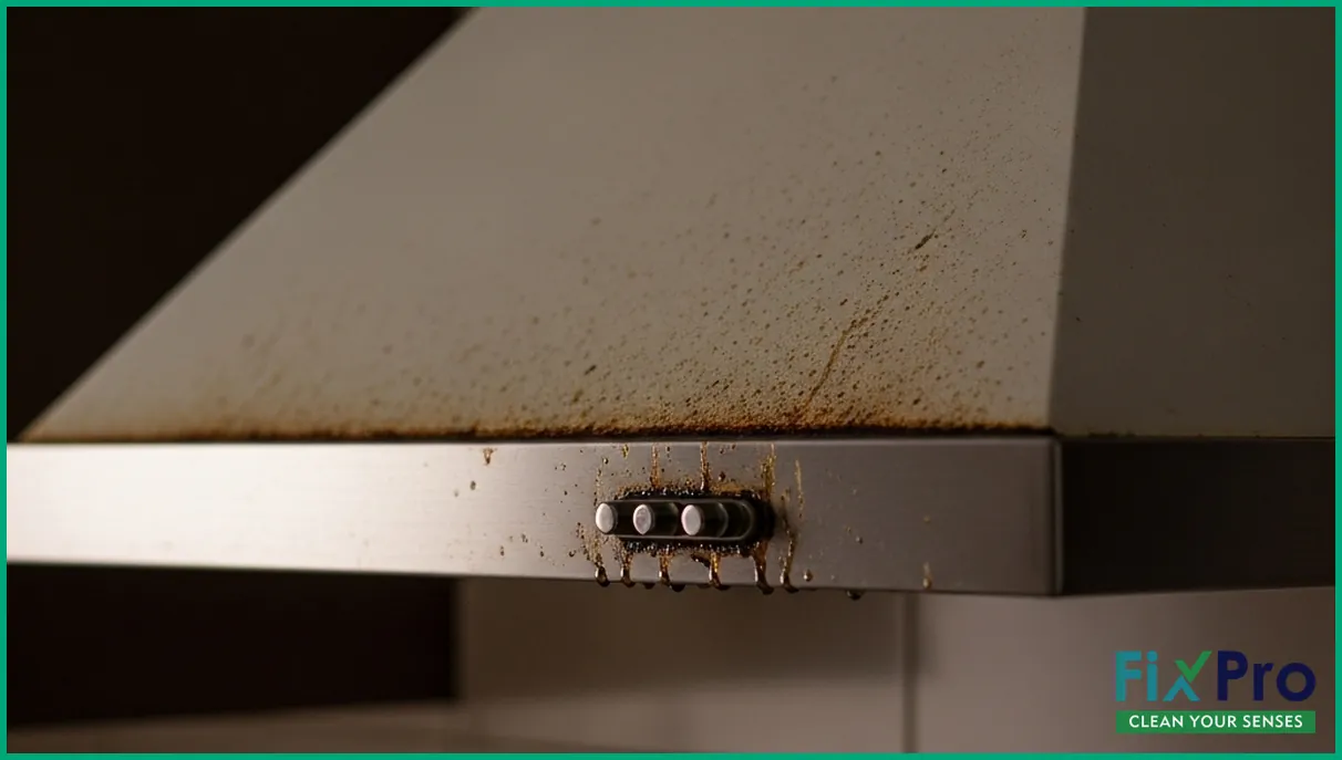 Dirty exhaust hood with grease dripping onto stove