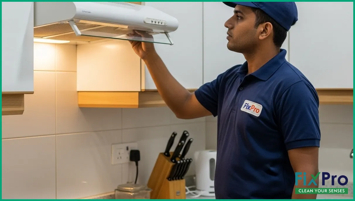 Technician inspecting kitchen exhaust fan in Abu Dhabi