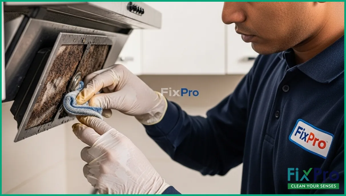 Homeowner cleaning kitchen exhaust filter