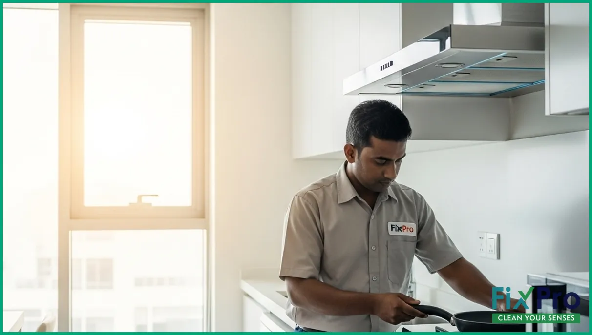 Clean and modern Abu Dhabi kitchen with working exhaust hood