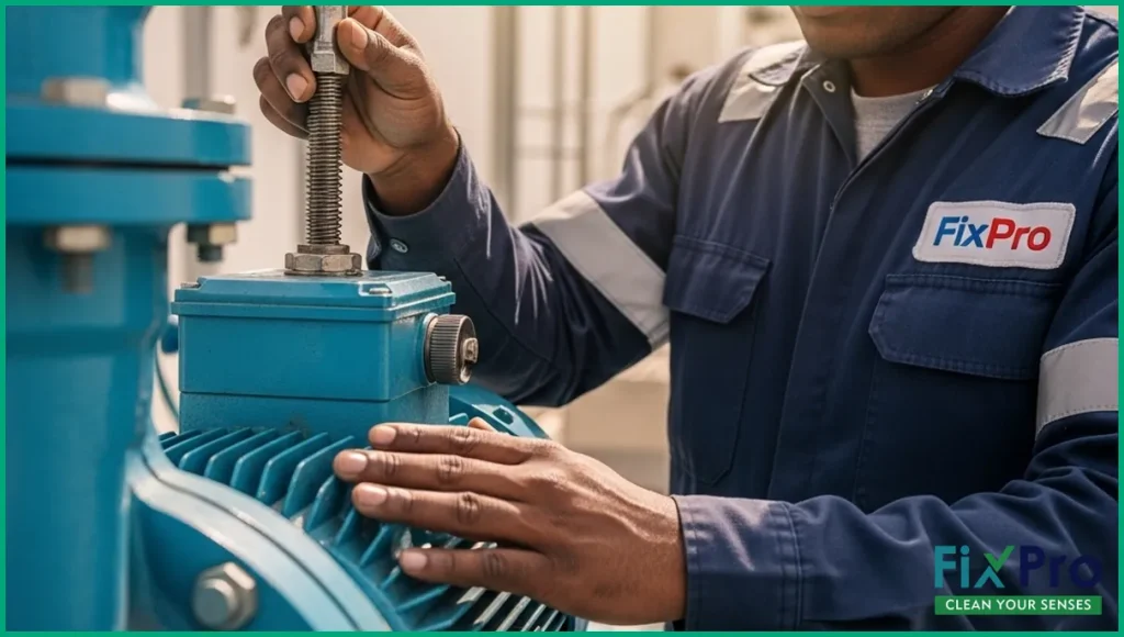 Technician inspecting a building's pump system