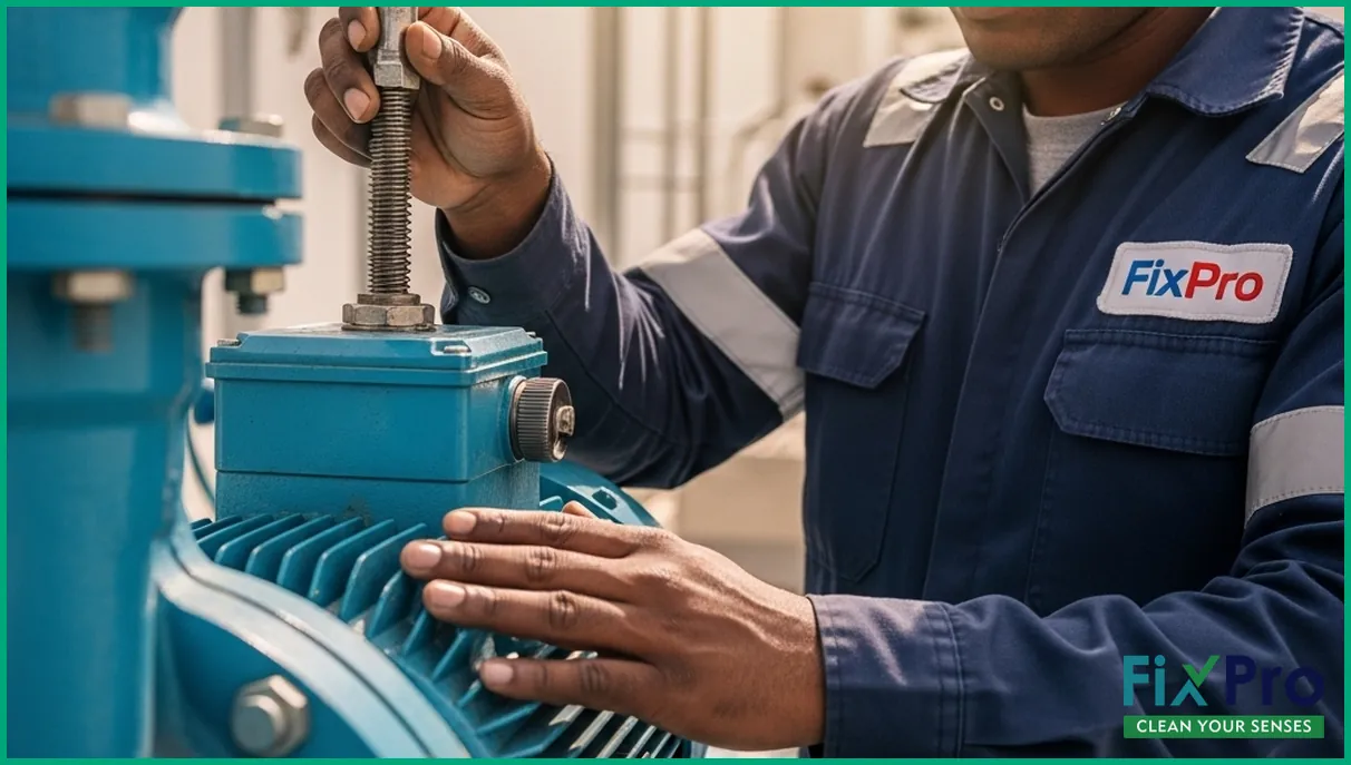 Technician inspecting a building's pump system