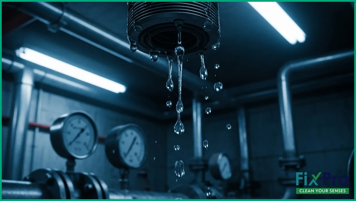 Close-up of leaking pump seal in mechanical room