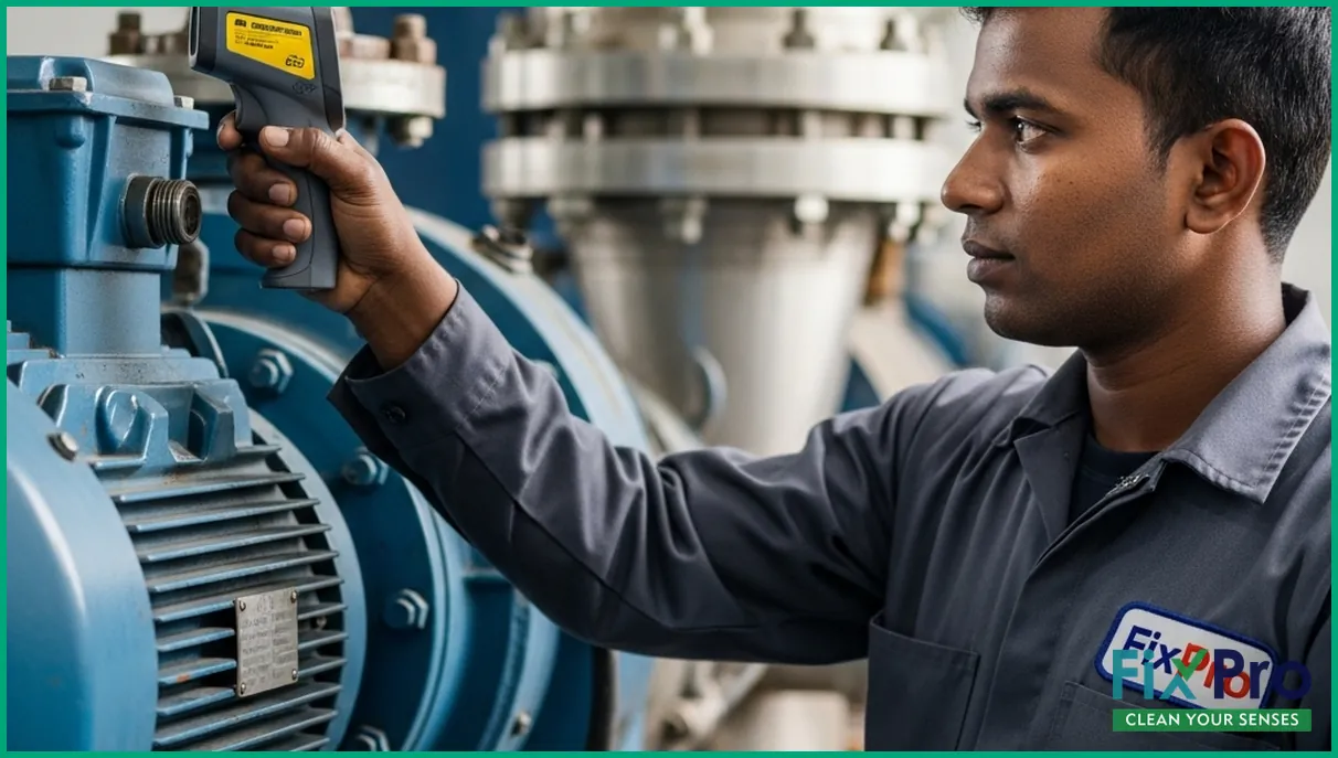 Maintenance worker checking pump motor temperature
