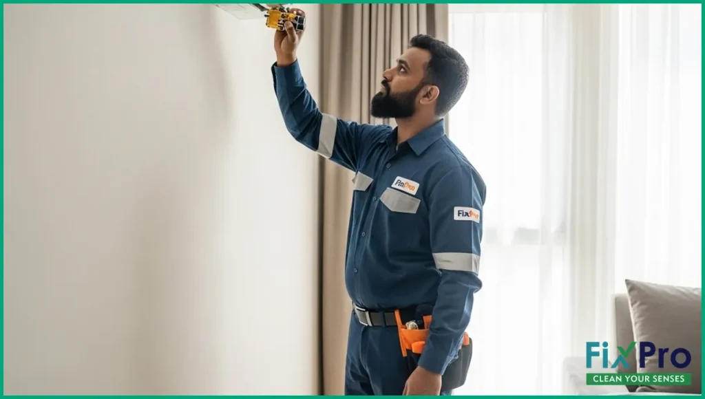 Technician checking AC unit in Abu Dhabi apartment