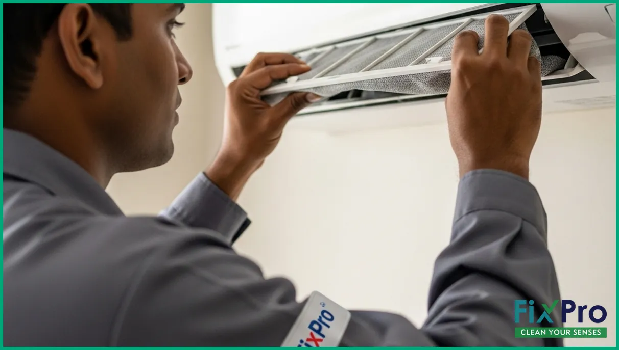 AC technician cleaning wall unit filter