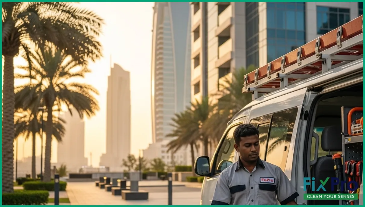 Abu Dhabi AC service van parked outside apartment building