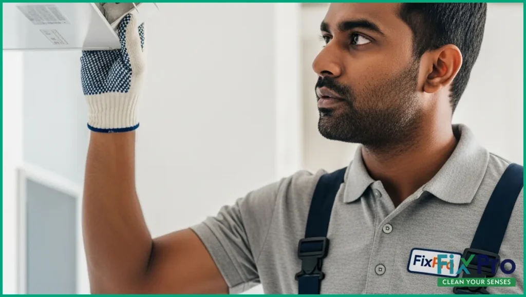 Technician inspecting dusty AC duct in Abu Dhabi home