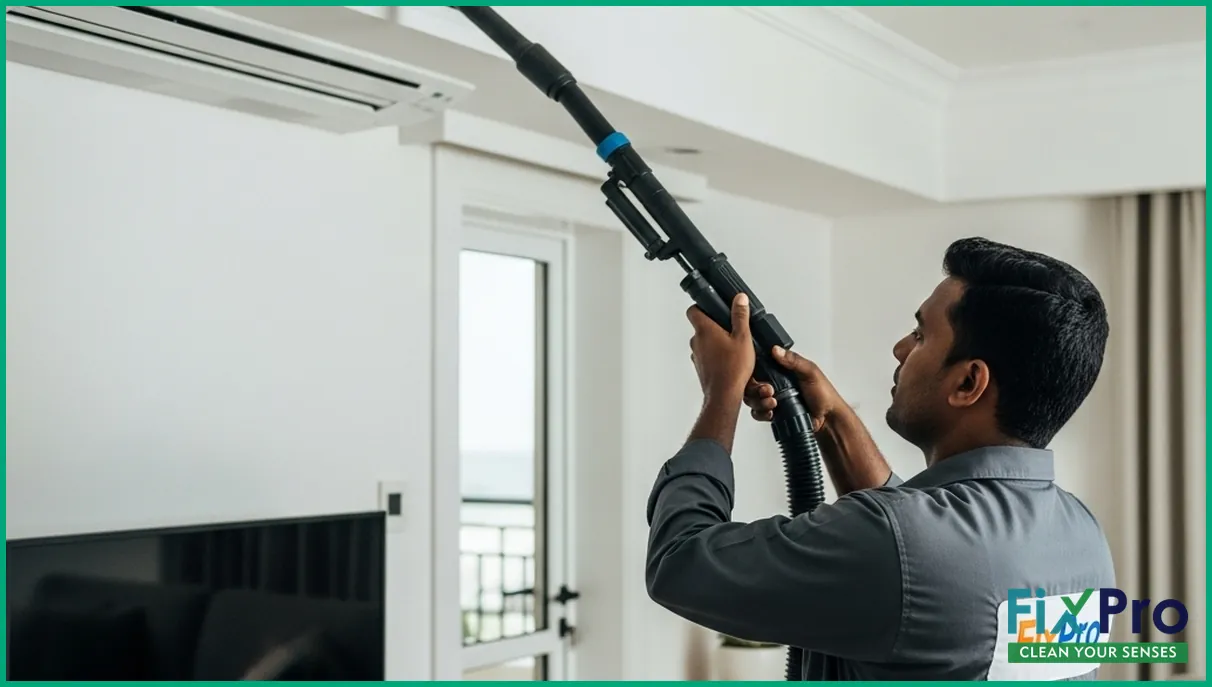 Technician using vacuum to clean AC duct