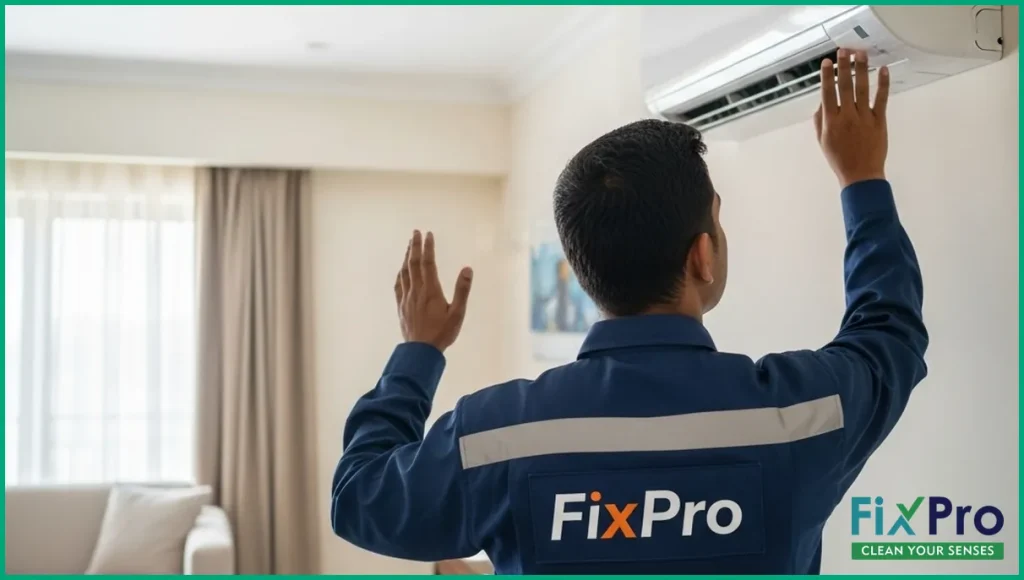 Technician inspecting home air conditioning unit
