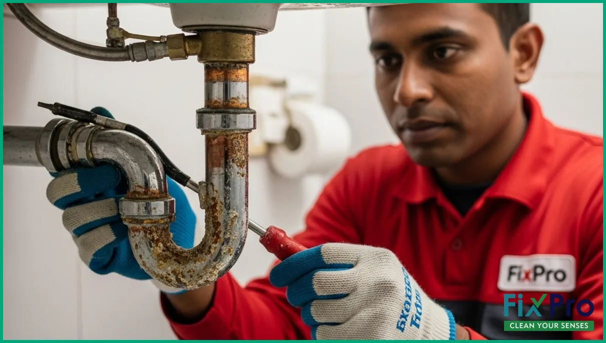 Corroded water pipe under a bathroom sink