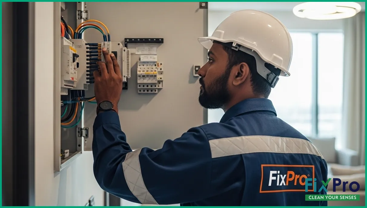 Technician checking circuit breaker panel in UAE apartment