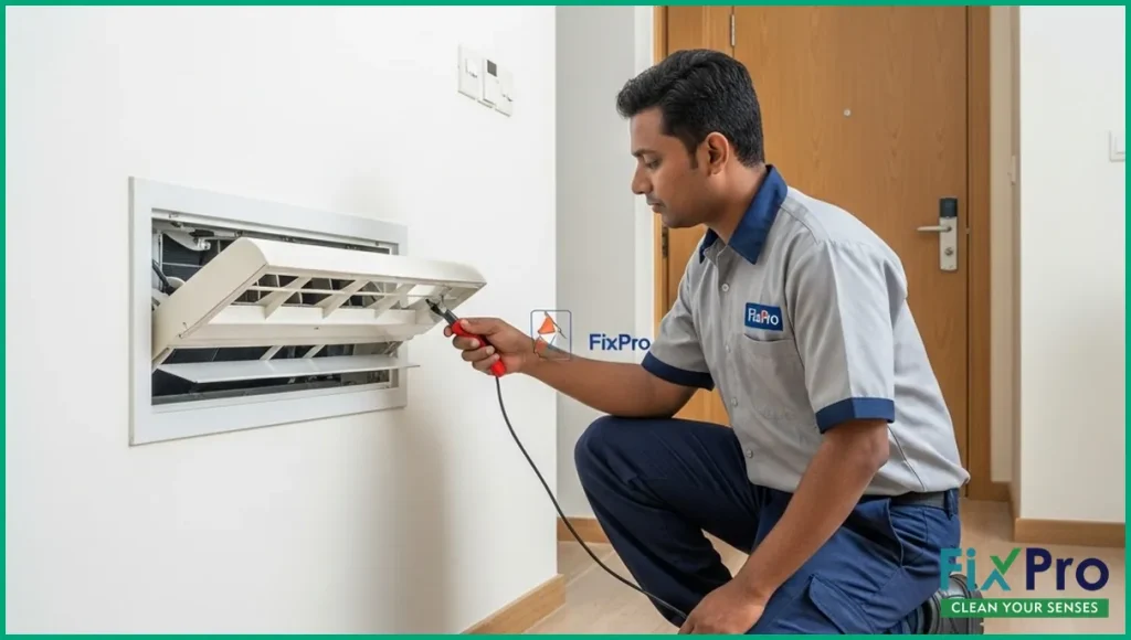 Technician inspecting AC unit in a modern UAE apartment