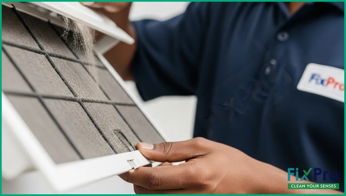 Close-up of dusty AC filter being replaced