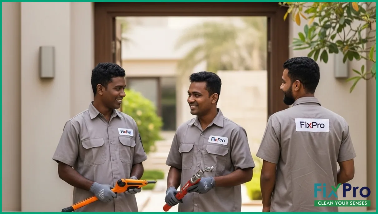 Team of AC technicians with equipment outside a UAE villa