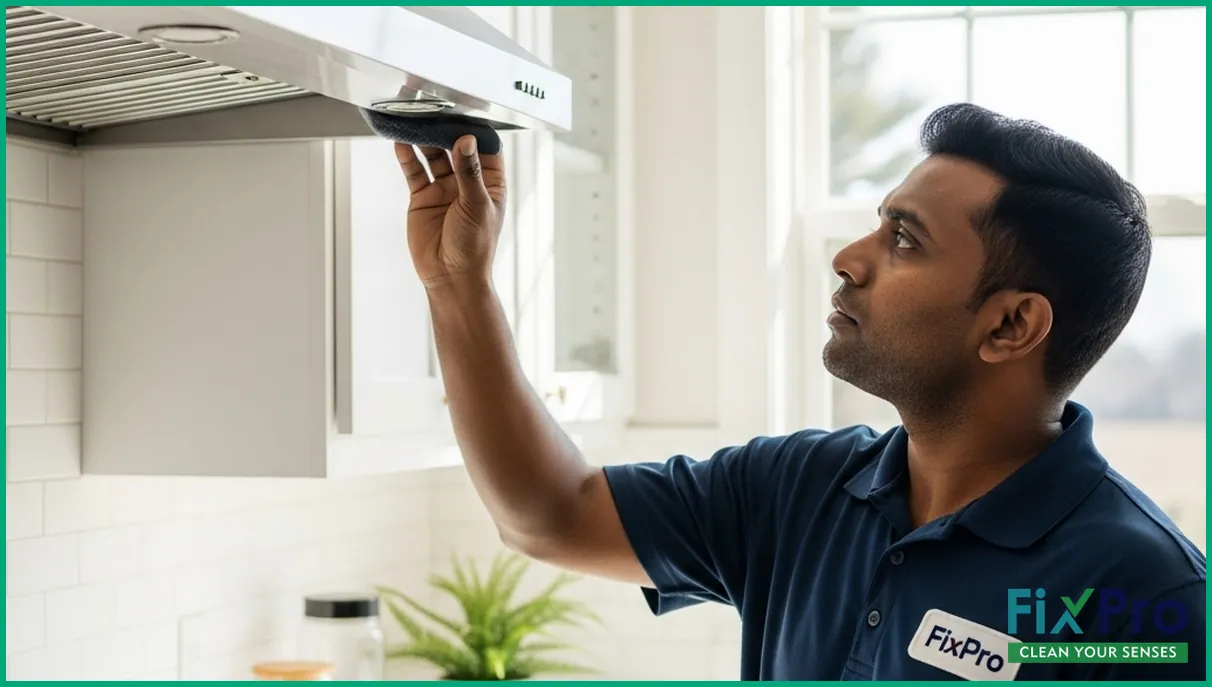 Kitchen exhaust vent being cleaned in a bright modern kitchen