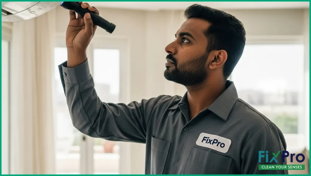Technician inspecting air duct in modern Abu Dhabi home