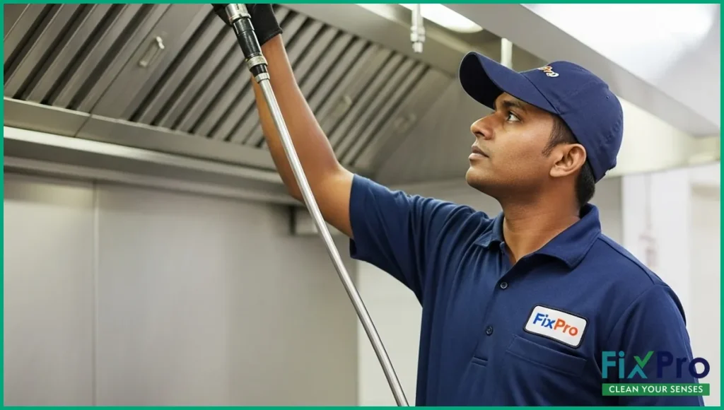Technician cleaning a commercial kitchen exhaust hood