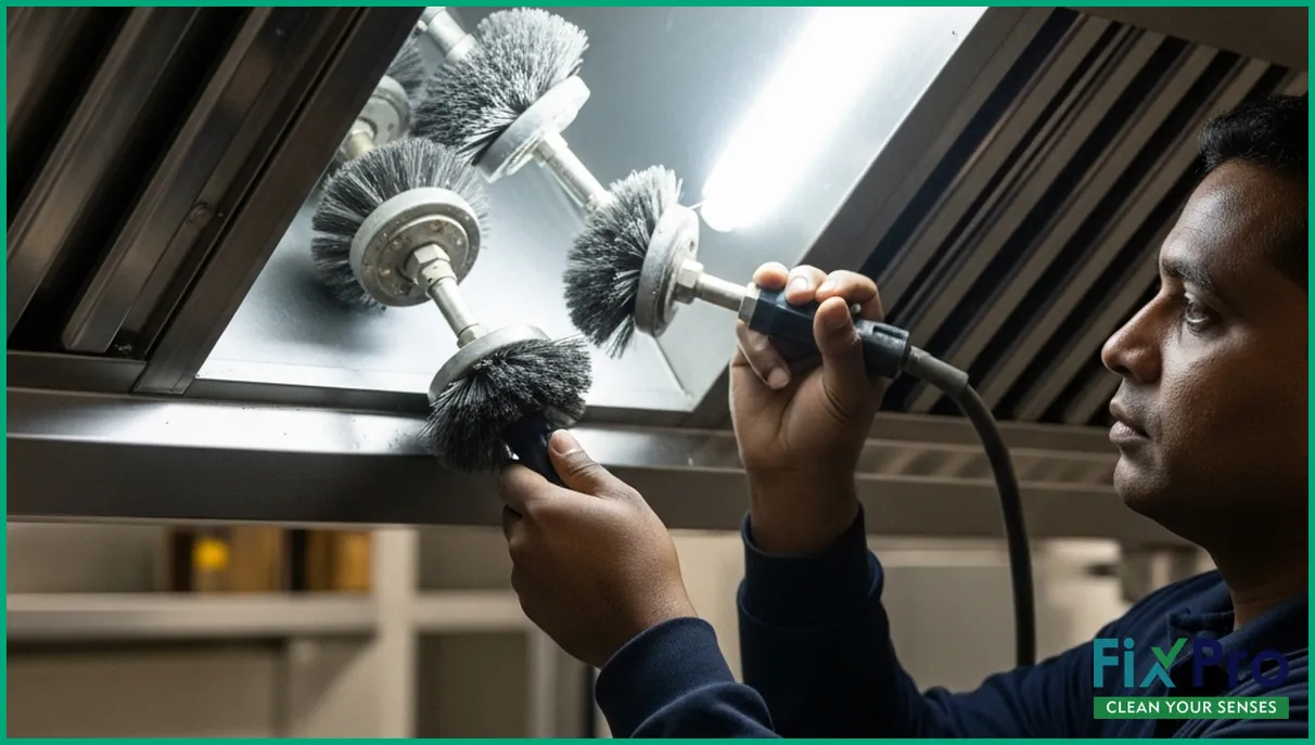 Close-up of kitchen exhaust duct being cleaned