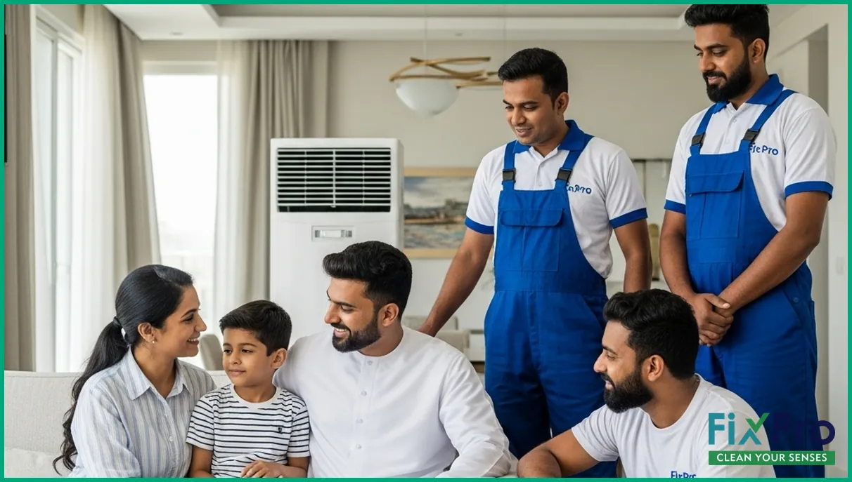 Family relaxing in clean, bright Abu Dhabi living room