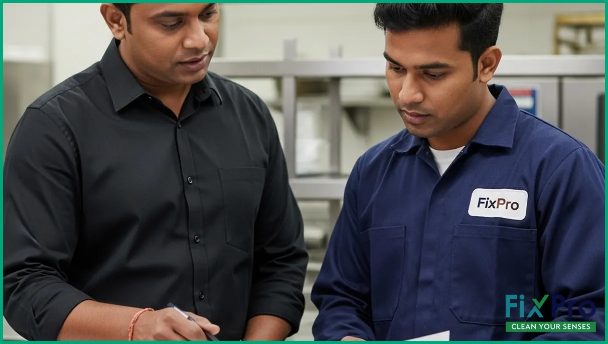Kitchen staff reviewing cleaning report with technician